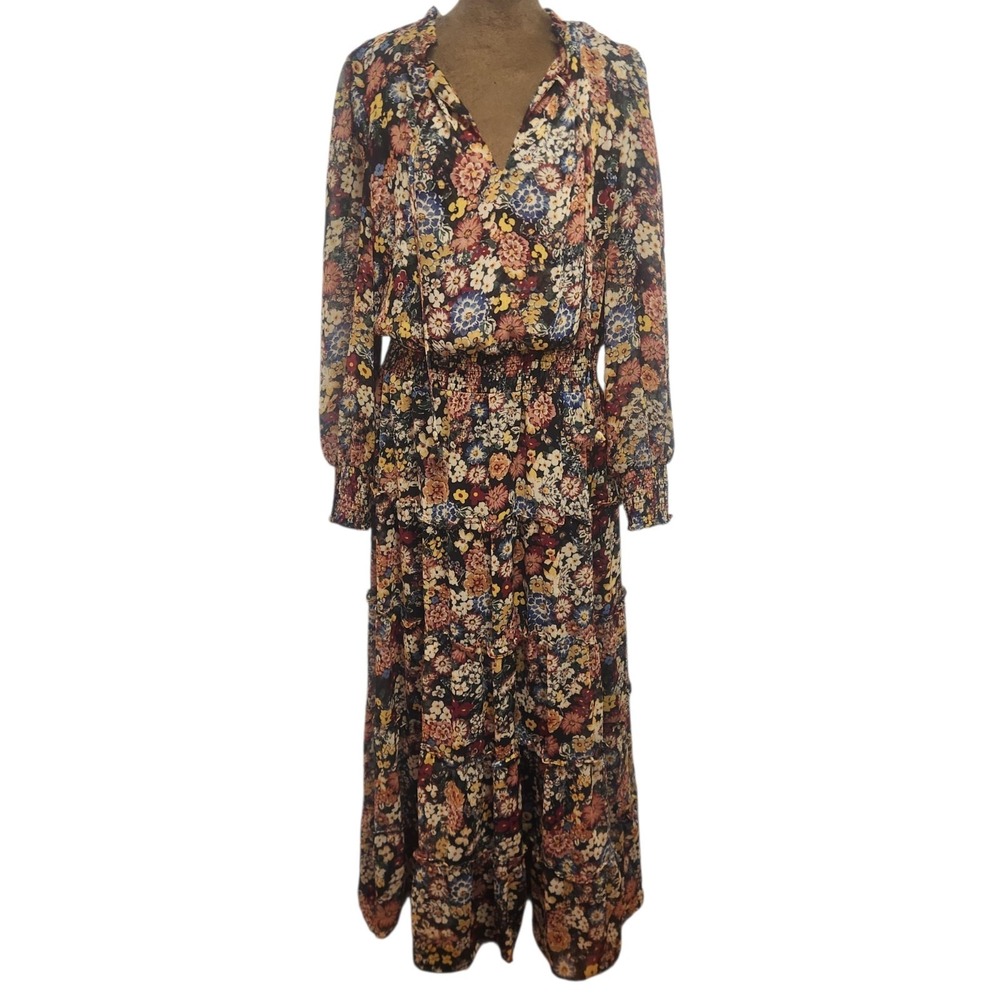 MSK Maxi Dress Size L Chiffon Dark Floral Long Sleeve Teired Fall Women's